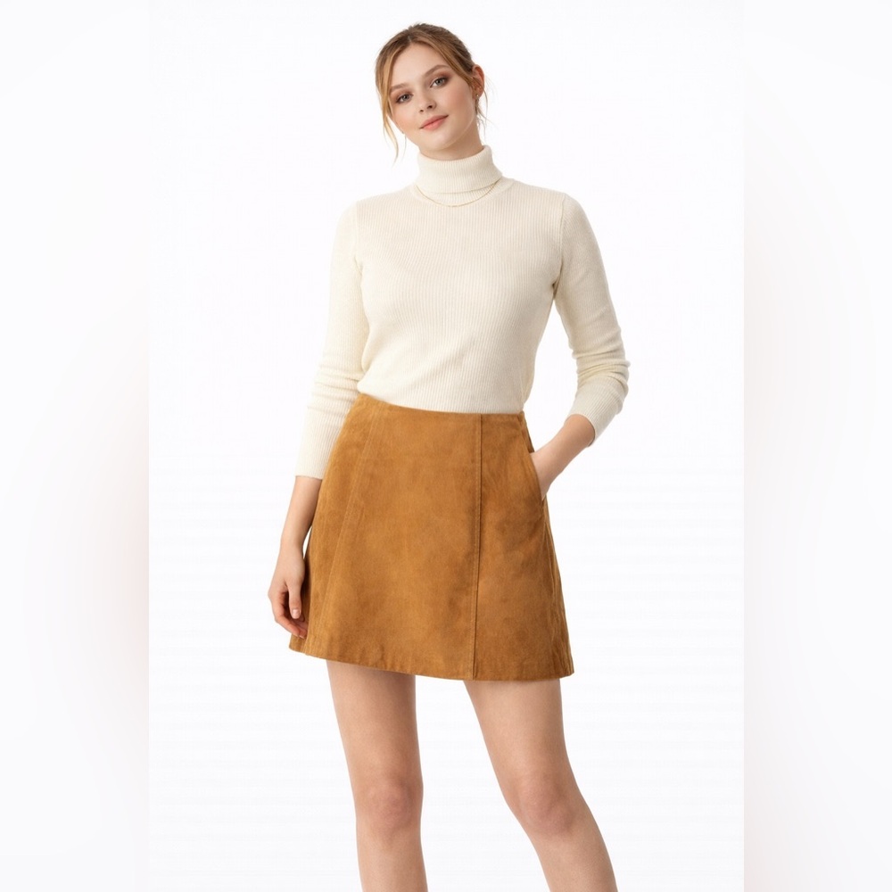 Kathy Ireland Camel Suede Mini Skirt Size 6 Vintage A Line Chic Fall Classic